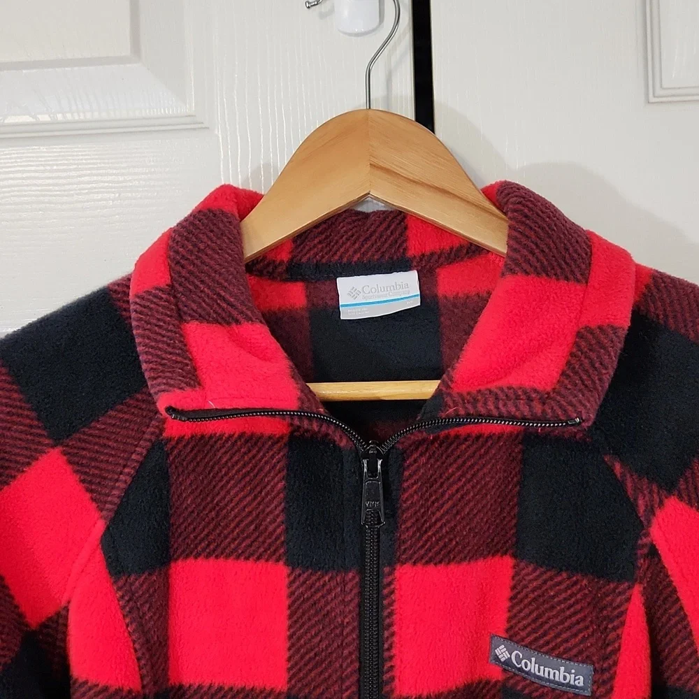 Columbia Womens Red & Black Plaid/Checkered Full‎ Zip Fleece Jacket Size Med